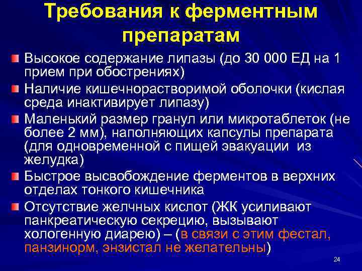 Требования к ферментным препаратам Высокое содержание липазы (до 30 000 ЕД на 1 прием