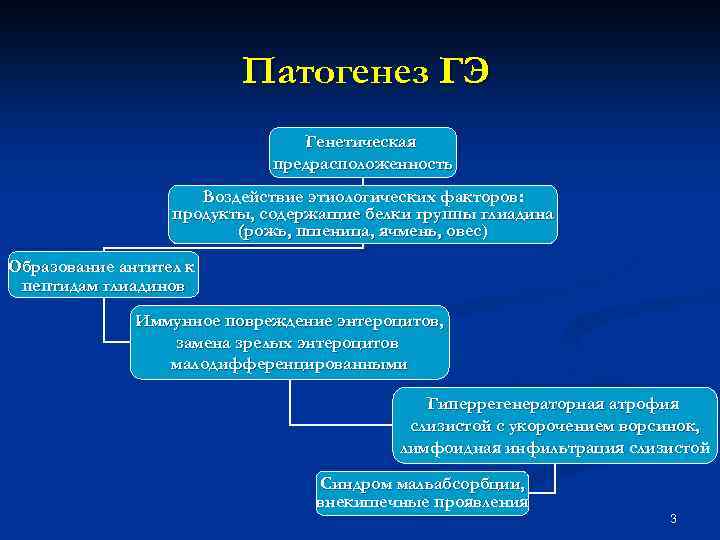 Патогенез ГЭ Генетическая предрасположенность Воздействие этиологических факторов: продукты, содержащие белки группы глиадина (рожь, пшеница,