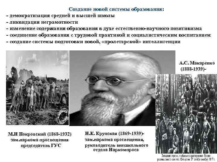  Создание новой системы образования: - демократизация средней и высшей школы - ликвидация неграмотности