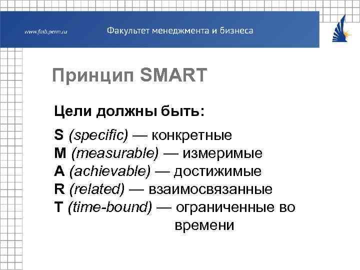 Принцип SMART Цели должны быть: S (specific) — конкретные M (measurable) — измеримые A