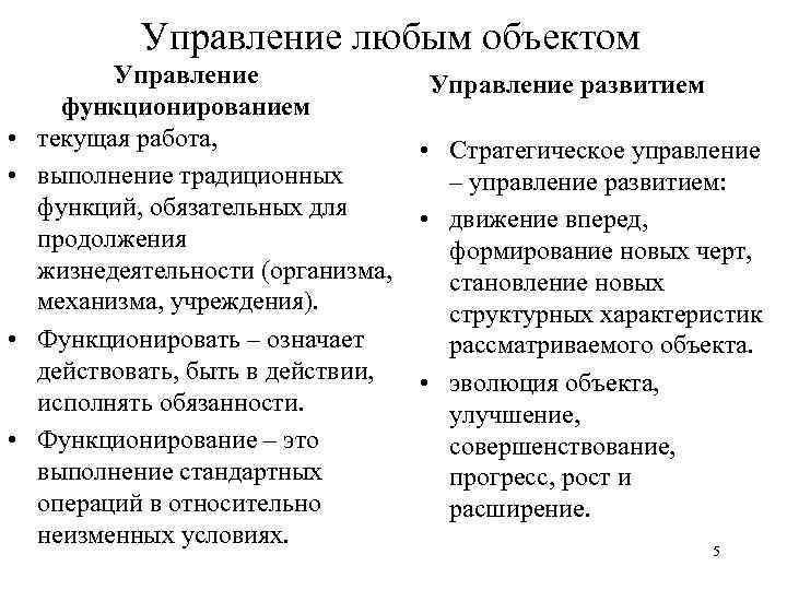Управление любым объектом • • Управление развитием функционированием текущая работа, • Стратегическое управление выполнение