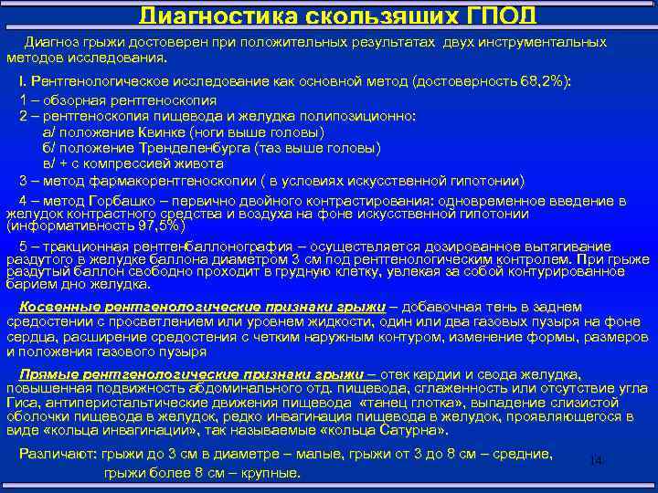  Диагностика скользящих ГПОД Диагноз грыжи достоверен при положительных результатах двух инструментальных методов исследования.