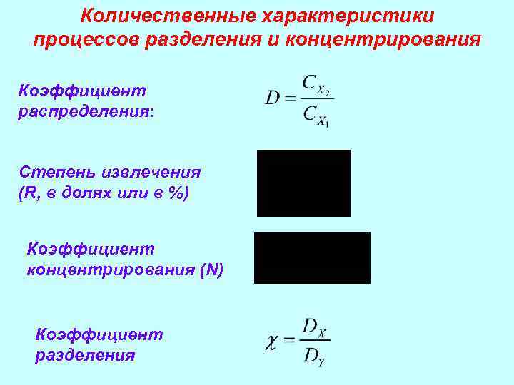 Количественные характеристики процессов разделения и концентрирования Коэффициент распределения: Степень извлечения (R, в долях или