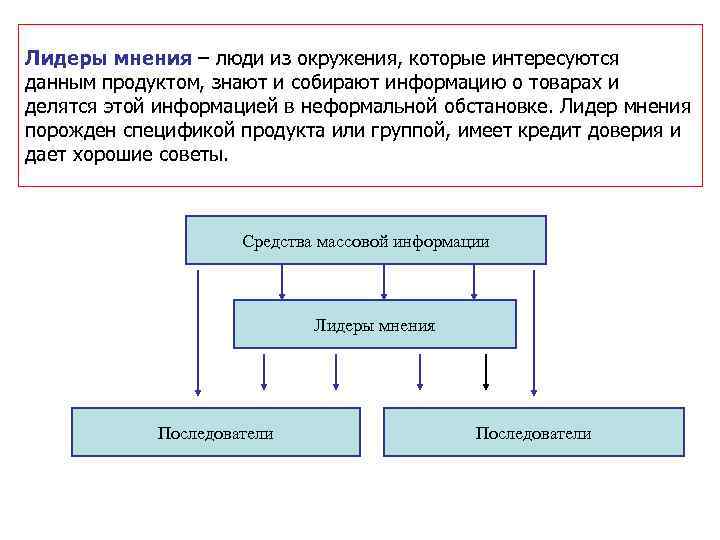 Лидеры мнения – люди из окружения, которые интересуются данным продуктом, знают и собирают информацию
