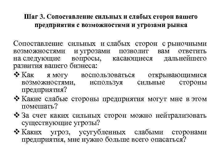 Шаг 3. Сопоставление сильных и слабых сторон вашего предприятия с возможностями и угрозами рынка
