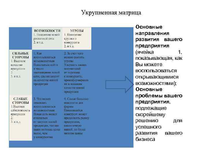 Укрупненная матрица Основные направления развития вашего предприятия (ячейка 1, показывающая, как Вы можете воспользоваться