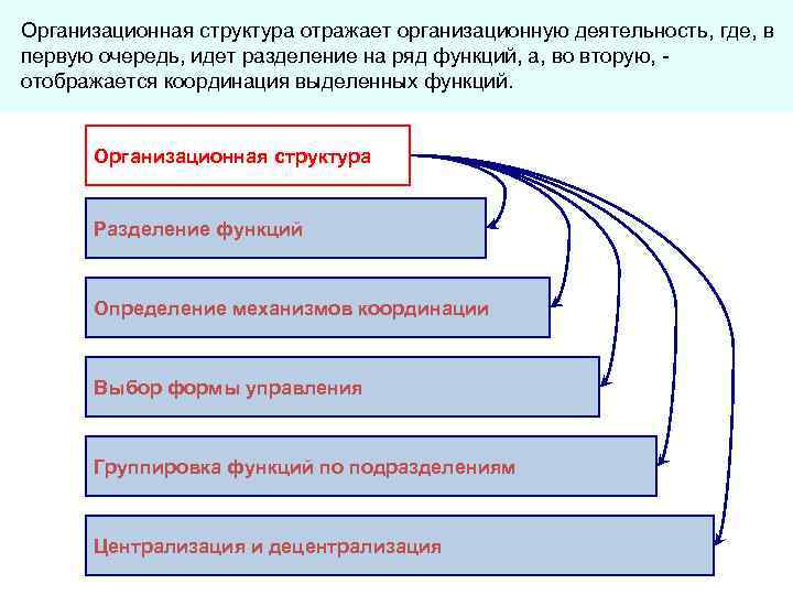 Организационная структура отражает организационную деятельность, где, в первую очередь, идет разделение на ряд функций,