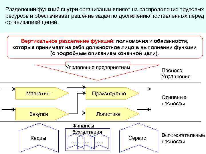 Разделений функций внутри организации влияет на распределение трудовых ресурсов и обеспечивает решение задач по