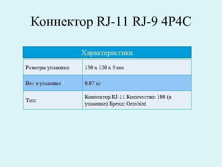 Коннектор RJ-11 RJ-9 4 P 4 C Характеристики Размеры упаковки 150 x 120 x