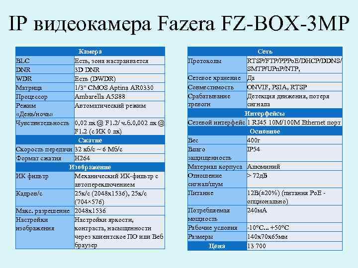 IP видеокамера Fazera FZ-BOX-3 MP Камера Есть, зона настраивается 3 D DNR Есть (DWDR)