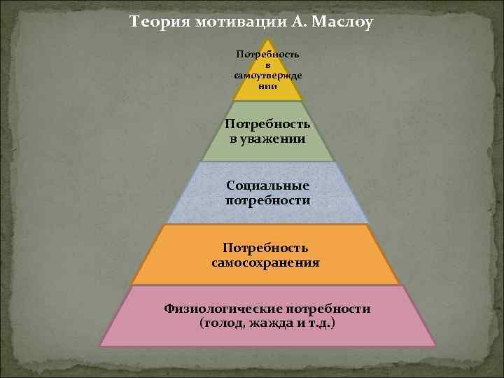 Теория мотивации А. Маслоу Потребность в самоутвержде нии Потребность в уважении Социальные потребности Потребность