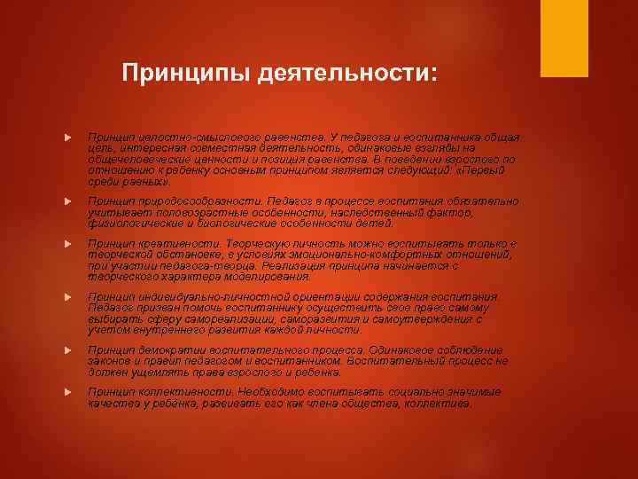 Принципы деятельности: Принцип целостно смыслового равенства. У педагога и воспитанника общая цель, интересная совместная