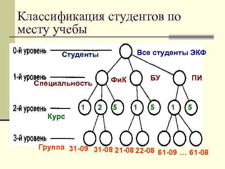 Классификация студентов по месту учебы Все студенты ЭКФ Студенты Специальность 1 БУ Фи. К