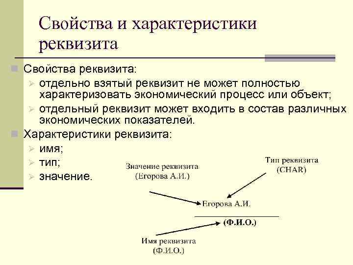 Свойства и характеристики реквизита n Свойства реквизита: отдельно взятый реквизит не может полностью характеризовать