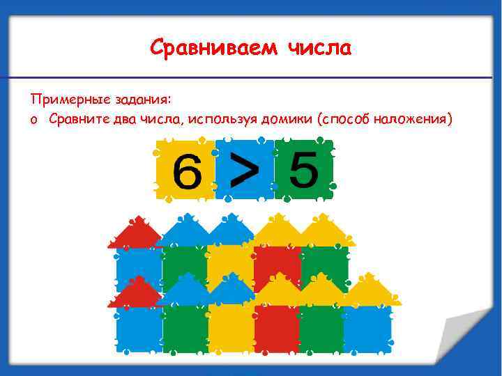 Сравниваем числа Примерные задания: o Сравните два числа, используя домики (способ наложения) 