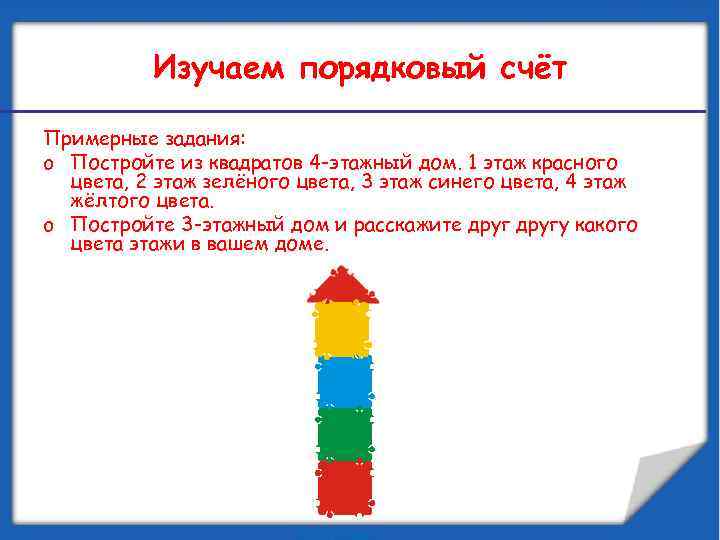 Изучаем порядковый счёт Примерные задания: o Постройте из квадратов 4 -этажный дом. 1 этаж