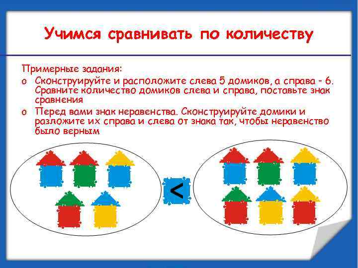 Учимся сравнивать по количеству Примерные задания: o Сконструируйте и расположите слева 5 домиков, а