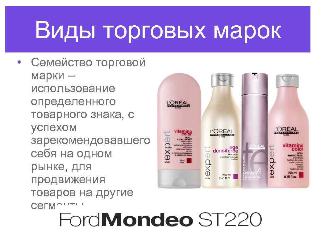 Виды торговых марок • Семейство торговой марки – использование определенного товарного знака, с успехом