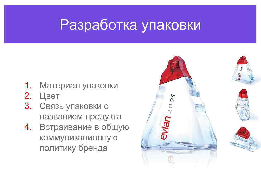 Разработка упаковки 1. Материал упаковки 2. Цвет 3. Связь упаковки с названием продукта 4.