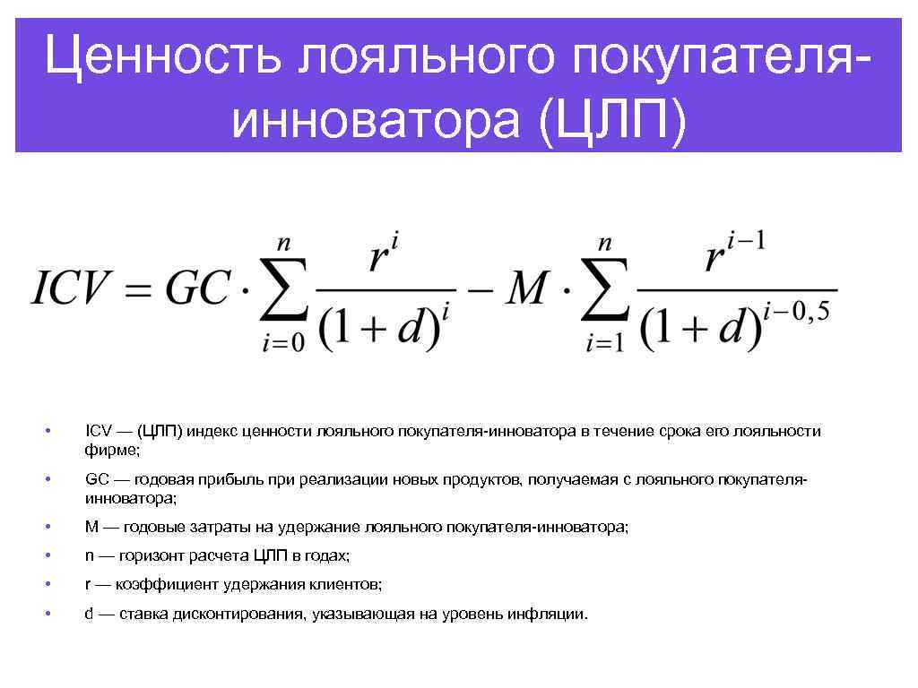 Ценность лояльного покупателяинноватора (ЦЛП) • ICV — (ЦЛП) индекс ценности лояльного покупателя-инноватора в течение