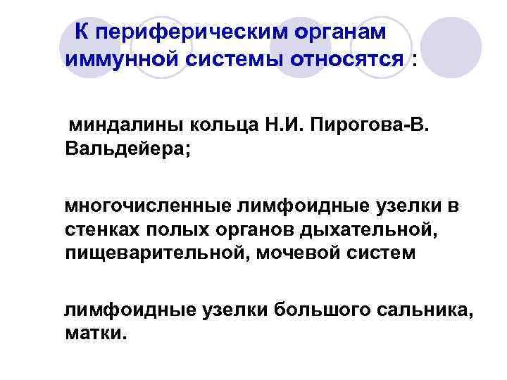 К периферическим органам иммунной системы относятся : миндалины кольца Н. И. Пирогова-В. Вальдейера; многочисленные