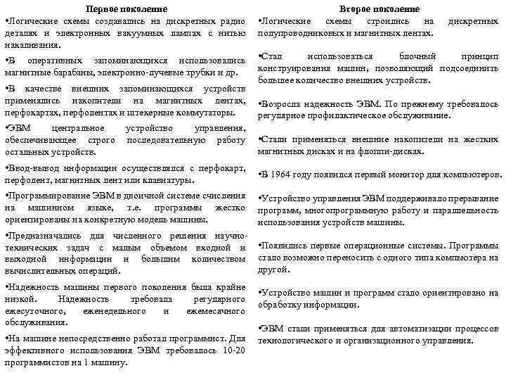 Первое поколение • Логические схемы создавались на дискретных радио деталях и электронных вакуумных лампах