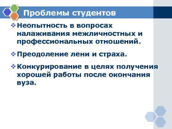 Проблемы студентов v Неопытность в вопросах налаживания межличностных и профессиональных отношений. v Преодоление лени