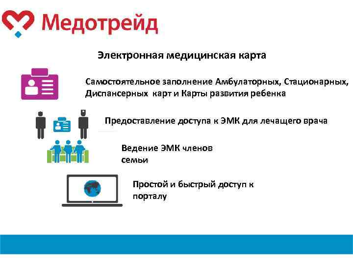 Электронная медицинская карта Самостоятельное заполнение Амбулаторных, Стационарных, Диспансерных карт и Карты развития ребенка Предоставление