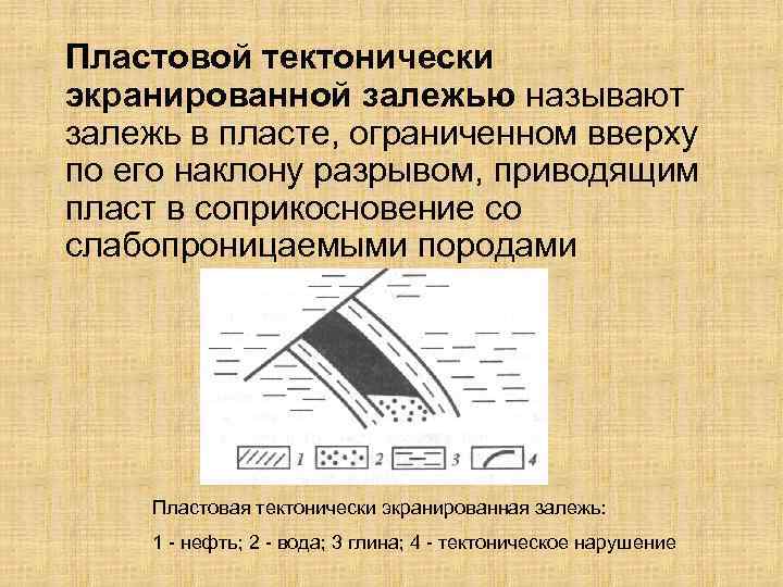 Пластовой тектонически экранированной залежью называют залежь в пласте, ограниченном вверху по его наклону разрывом,