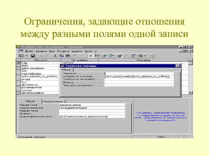 Ограничения, задающие отношения между разными полями одной записи 