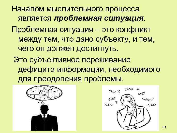 Началом мыслительного процесса является проблемная ситуация. Проблемная ситуация – это конфликт между тем, что