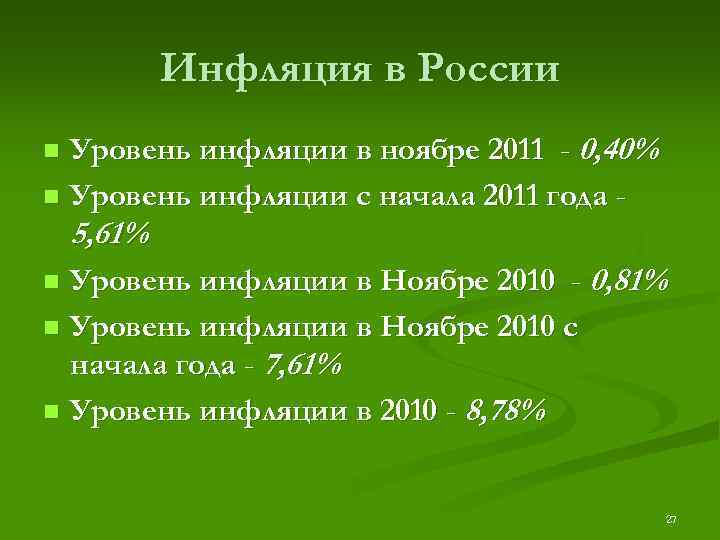 Инфляция в России Уровень инфляции в ноябре 2011 - 0, 40% n Уровень инфляции