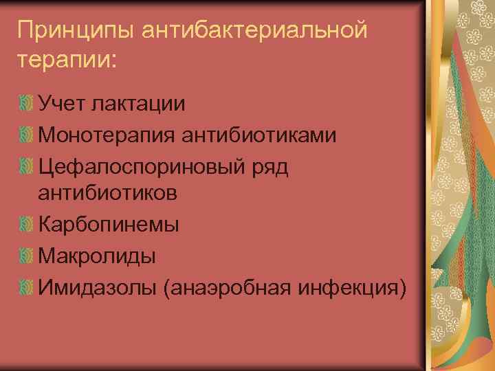 Принципы антибактериальной терапии: Учет лактации Монотерапия антибиотиками Цефалоспориновый ряд антибиотиков Карбопинемы Макролиды Имидазолы (анаэробная