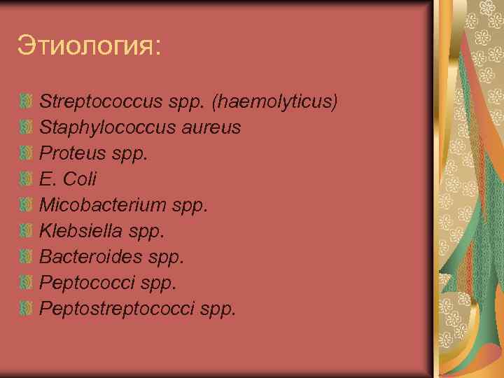 Этиология: Streptococcus spp. (haemolyticus) Staphylococcus aureus Proteus spp. E. Coli Micobacterium spp. Klebsiella spp.