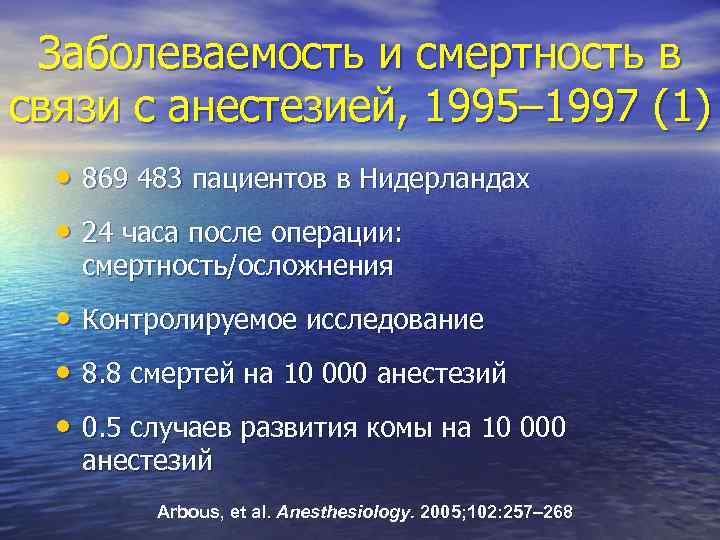 Заболеваемость и смертность в связи с анестезией, 1995– 1997 (1) • 869 483 пациентов
