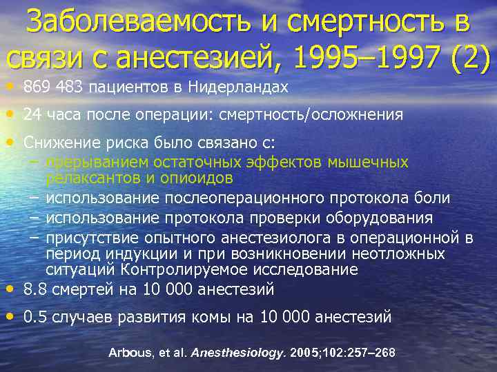 Заболеваемость и смертность в связи с анестезией, 1995– 1997 (2) • 869 483 пациентов