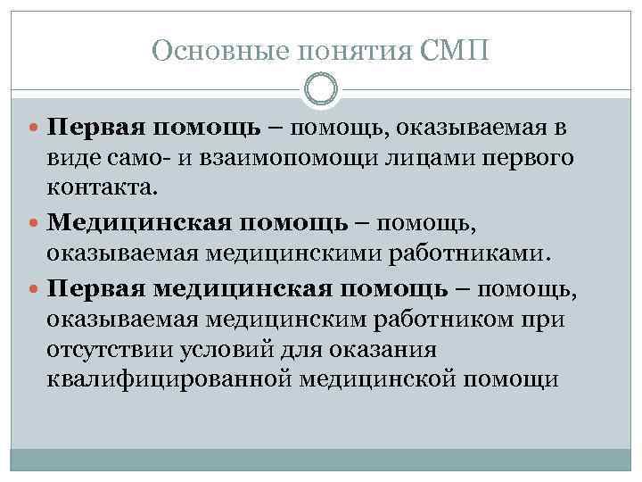 Основные понятия СМП Первая помощь – помощь, оказываемая в виде само- и взаимопомощи лицами