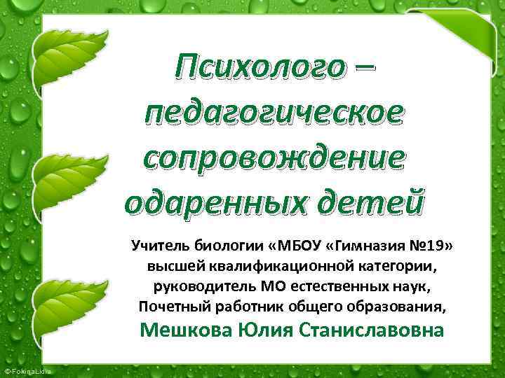 Психолого – педагогическое сопровождение одаренных детей Учитель биологии «МБОУ «Гимназия № 19» высшей квалификационной
