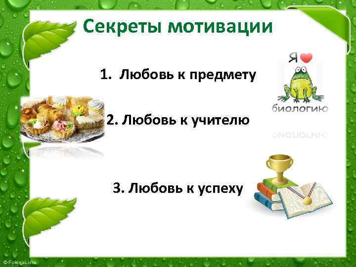 Секреты мотивации 1. Любовь к предмету 2. Любовь к учителю 3. Любовь к успеху