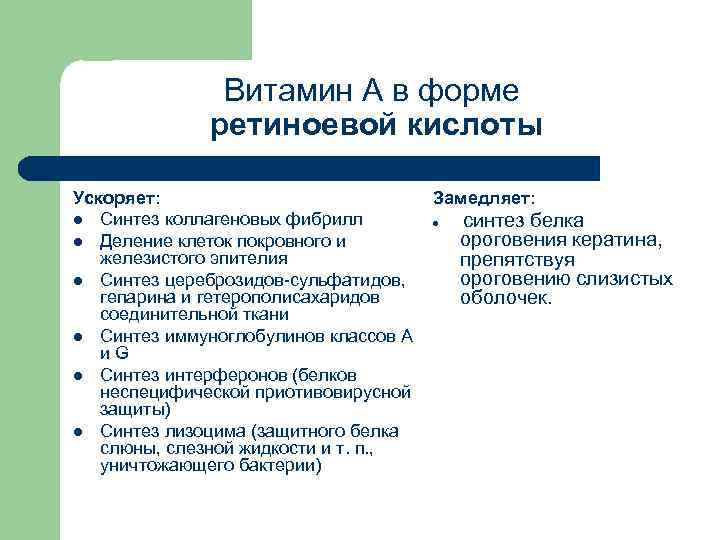 Витамин А в форме ретиноевой кислоты Ускоряет: l Синтез коллагеновых фибрилл l Деление клеток