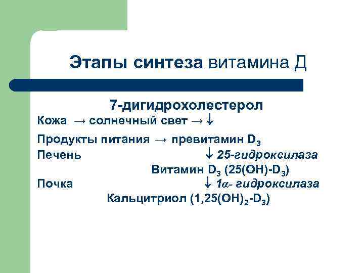 Этапы синтеза витамина Д 7 -дигидрохолестерол Кожа → солнечный свет → Продукты питания →