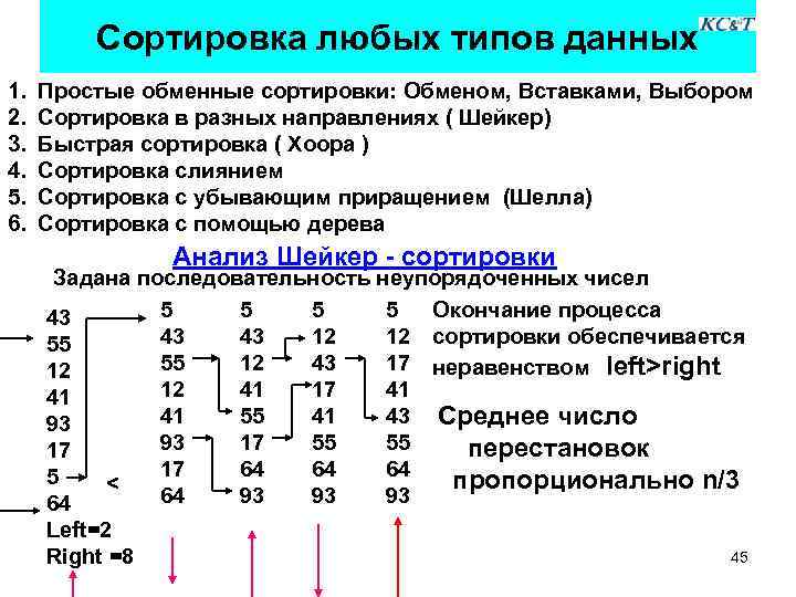 Сортировка любых типов данных 1. 2. 3. 4. 5. 6. Простые обменные сортировки: Обменом,