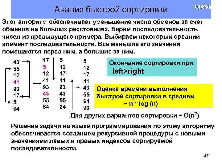 Анализ быстрой сортировки Этот алгоритм обеспечивает уменьшение числа обменов за счет обменов на больших