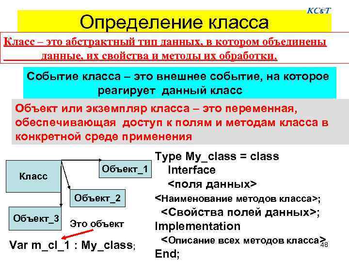 Определение класса Класс – это абстрактный тип данных, в котором объединены данные, их свойства
