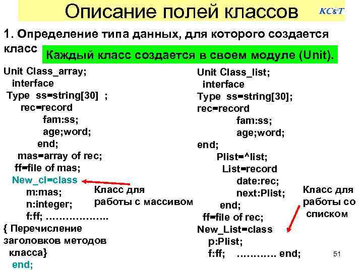 Описание полей классов 1. Определение типа данных, для которого создается класс Каждый класс создается