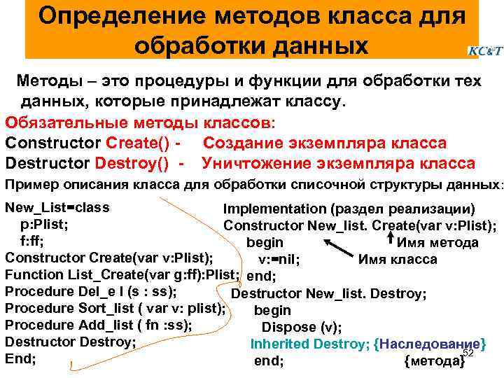 Определение методов класса для обработки данных Методы – это процедуры и функции для обработки
