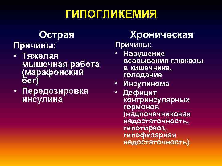 ГИПОГЛИКЕМИЯ Острая Причины: • Тяжелая мышечная работа (марафонский бег) • Передозировка инсулина Хроническая Причины: