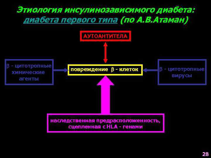 Этиология инсулинозависимого диабета: диабета первого типа (по А. В. Атаман) АУТОАНТИТЕЛА - цитотропные химические