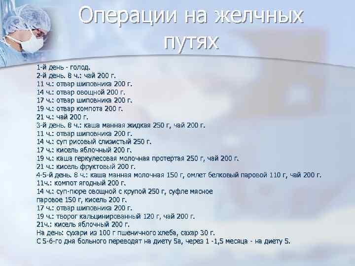 Операции на желчных путях n 1 й день голод. 2 й день. 8 ч.