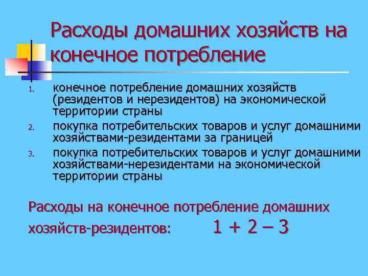 Расходы домашних хозяйств на конечное потребление 1. 2. 3. конечное потребление домашних хозяйств (резидентов